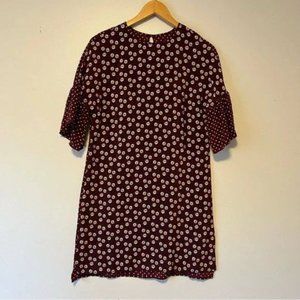 100% Silk Airy lightweight shift dress with bell sleeves burgundy floral print S